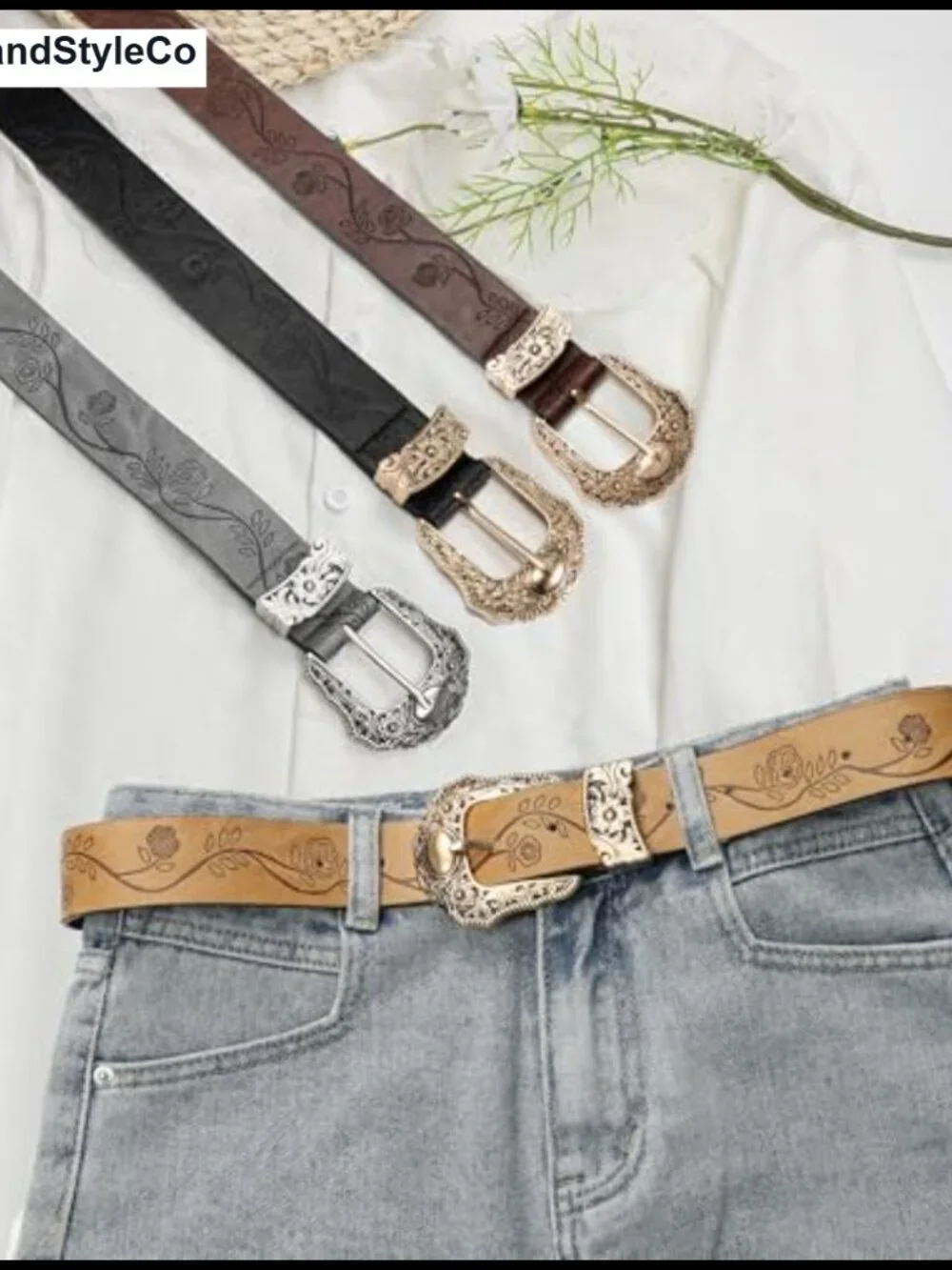 Women's Western Belt with Floral Embossed Gold Buckle PU Leather